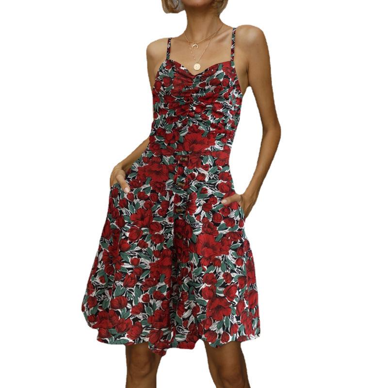 In stock, summer clearance women's floral dress, European and American sexy suspender dress.