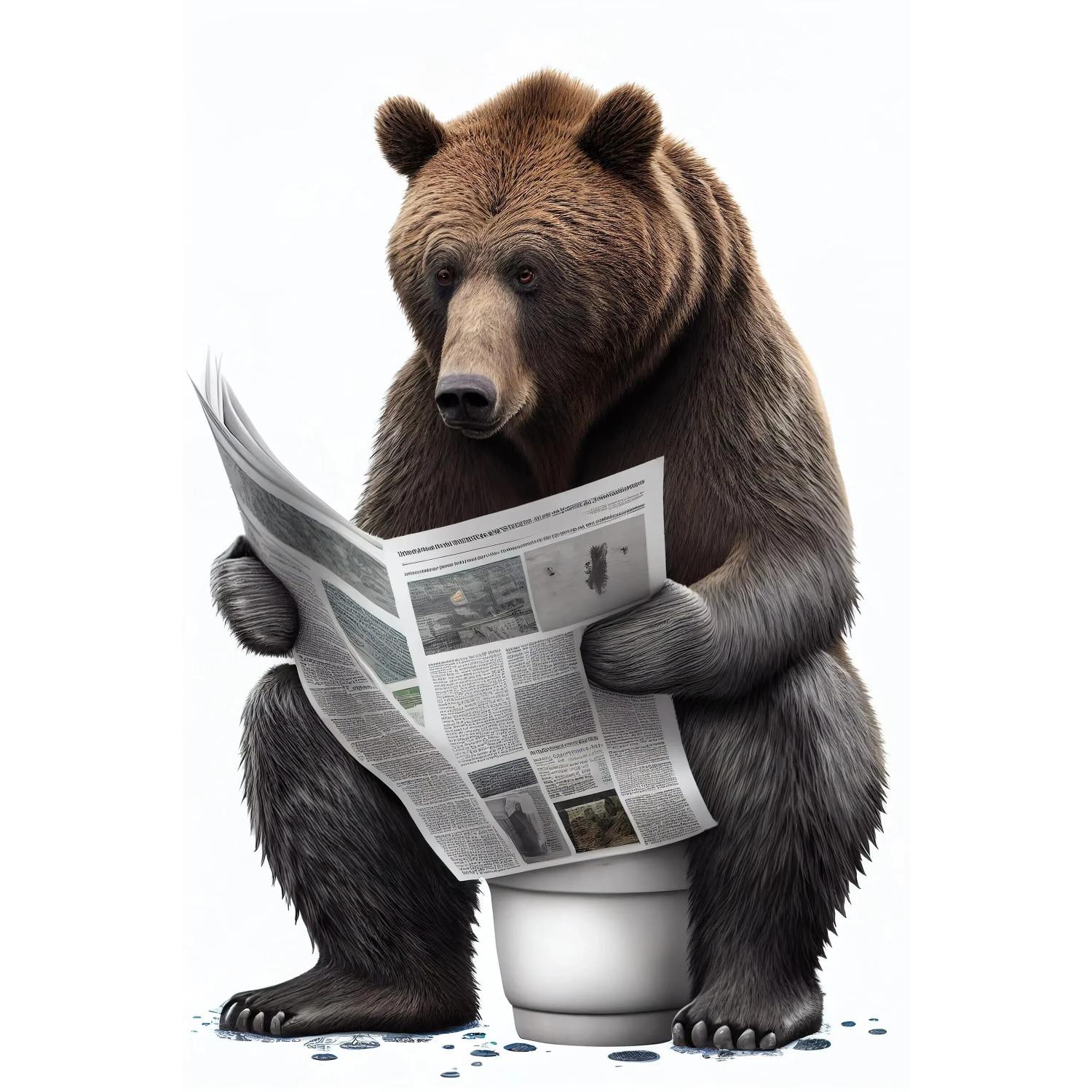 Funny Bathroom Humorous Animal Wall Canvas Paintings Decor Bear Dog Tiger Sitting on Toilet Reading Newspaper Poster Art Print 30x45cm No Frame