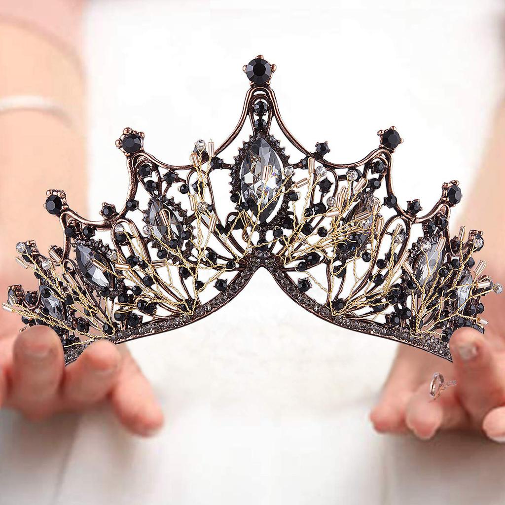 Elegante Barock-Hochzeitskrone für die weibliche Braut, Kristallperlen, Königinkrone, Braut-Tiara, Prinzessinnen-Haar-Accessoire, Schwarz
