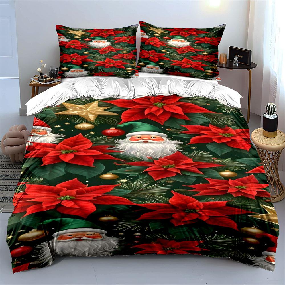 Festive Blooms & Cheerful Santa Bedding Sets Duvet Covers Pillowcases(1* Duvet Cover 2* Pillowcases Without Duvet Insert)