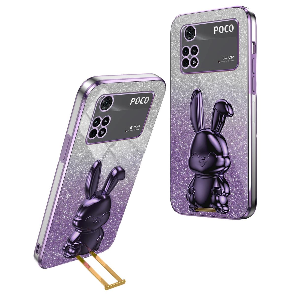 

For Xiaomi Poco M4 Pro 4G Case Cartoon Rabbit PC+TPU Phone Cover with Pull-out Kickstand Purple