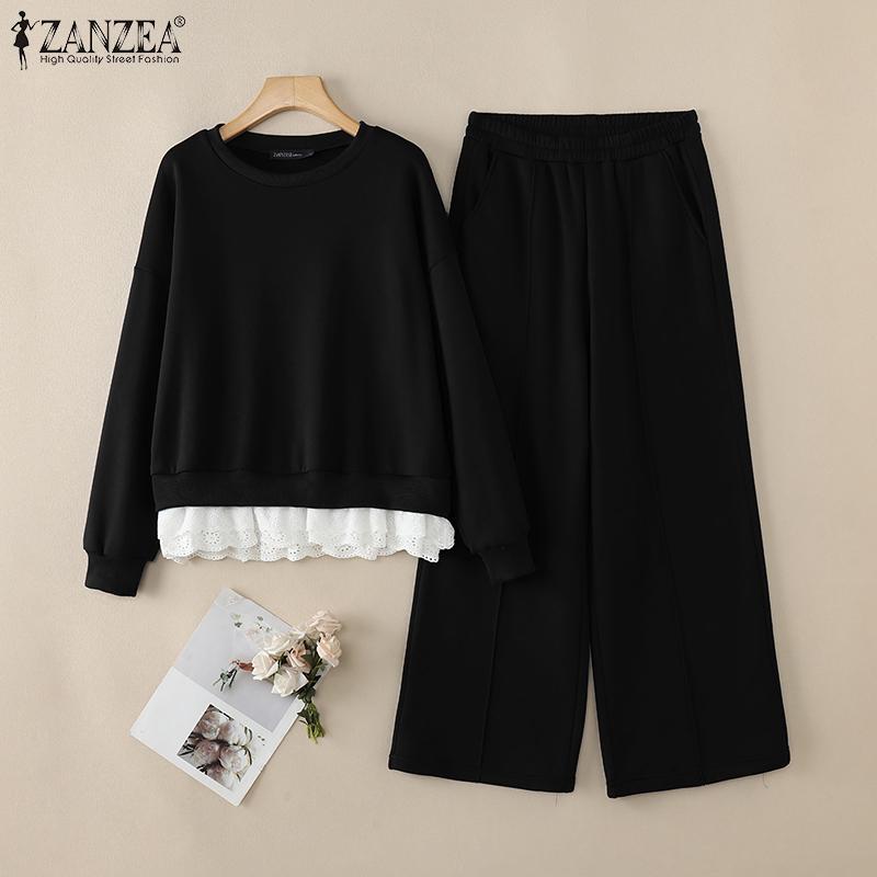 ZANZEA Womens Casual Pullover and Pants Loose Two Piece Suit Sets