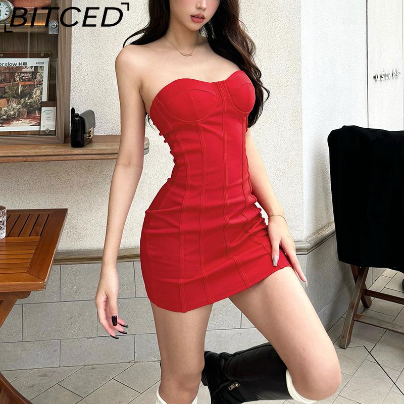 BITCED Autumn Women's Solid-Colour Slim-Fit Streetwear Off-the-Shoulder Strapless Dress