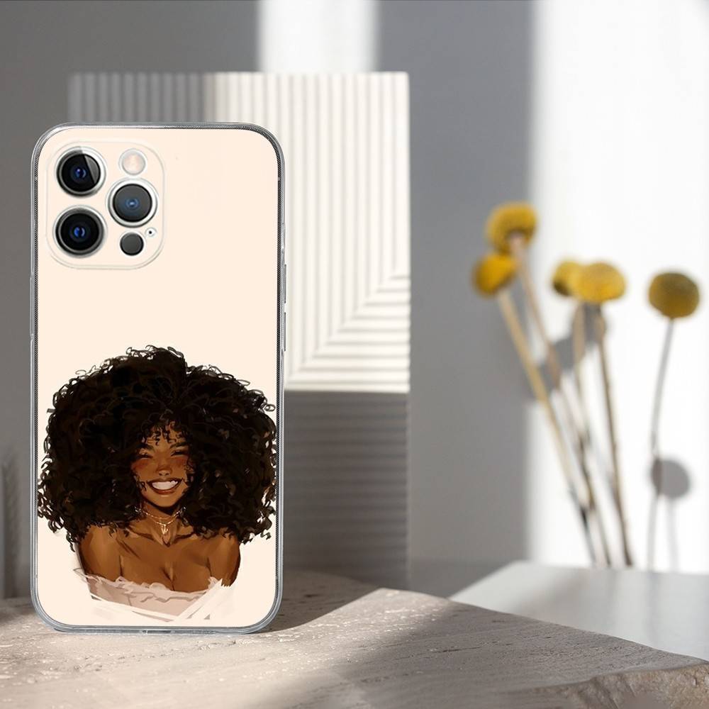 Afro Black Girl Cute Cartoon Phone Case For iPhone 17,16,15,14,13,12,11 Pro,Max,Plus,X,XS,XR,SE4,E Mini Transparent Soft Cover