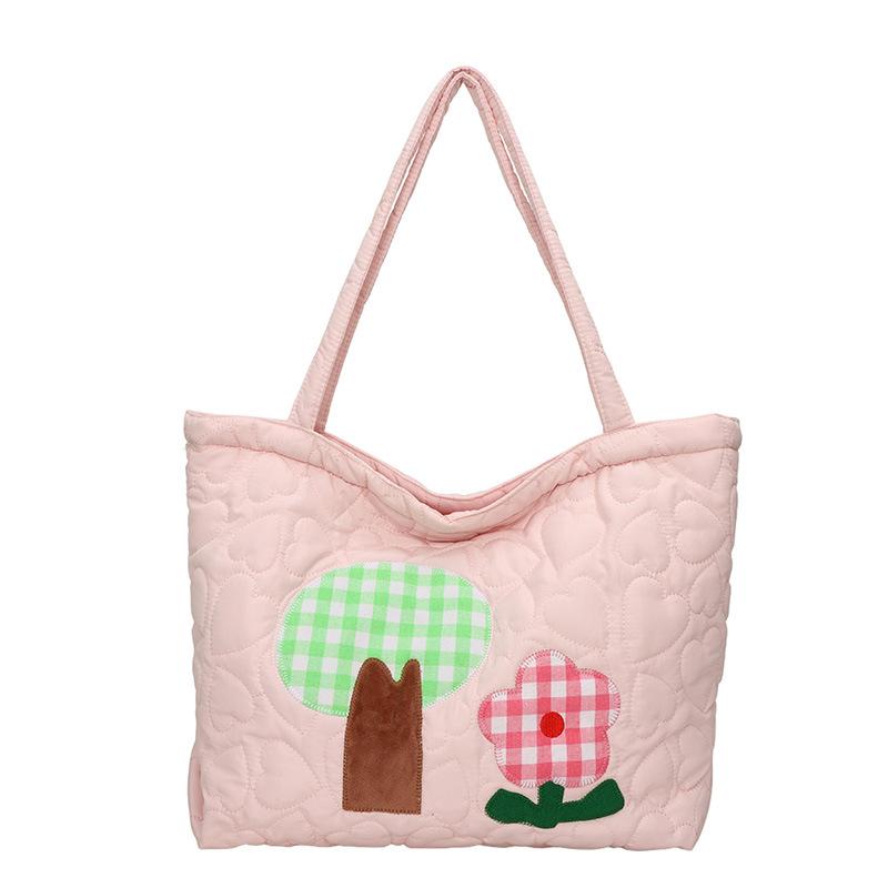 Korean Version of Padded Shoulder Bag, Cute and Sweet Summer New Large-capacity Tote Bag, Zipper Model, Embroidered Plaid.