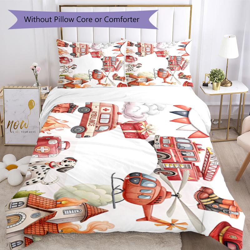 3pcs Fire Truck Bedding Set Duvet Cover Closure Includes 1 Duvet Cover & 2 Pillowcases, Soft and Comfortable for All Seasons.