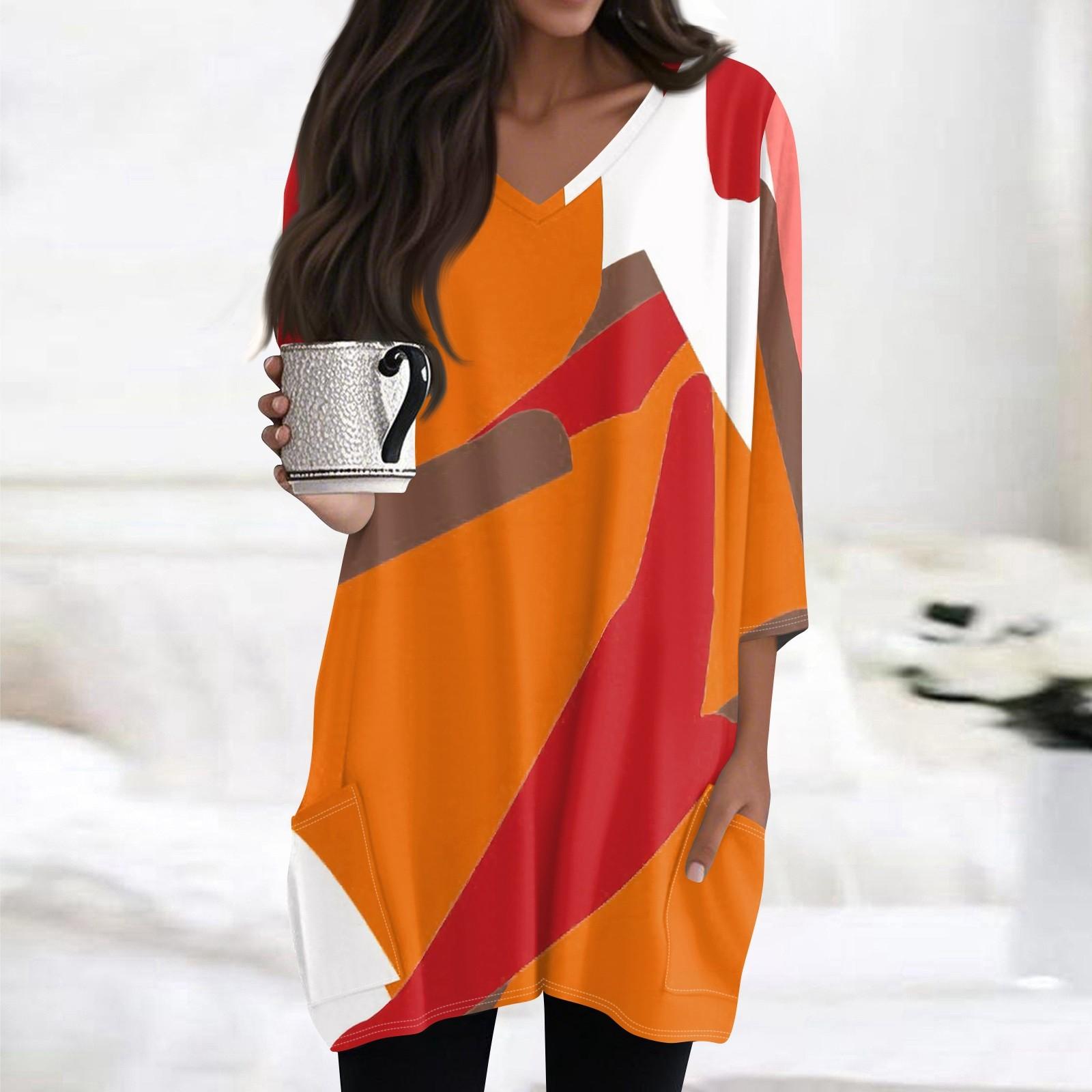 

Женские топы с V-образным вырезом и рукавом 3/4 Блузки Повседневные рубашки средней длины Модные принты Туники Топы с карманами XL оранжевый