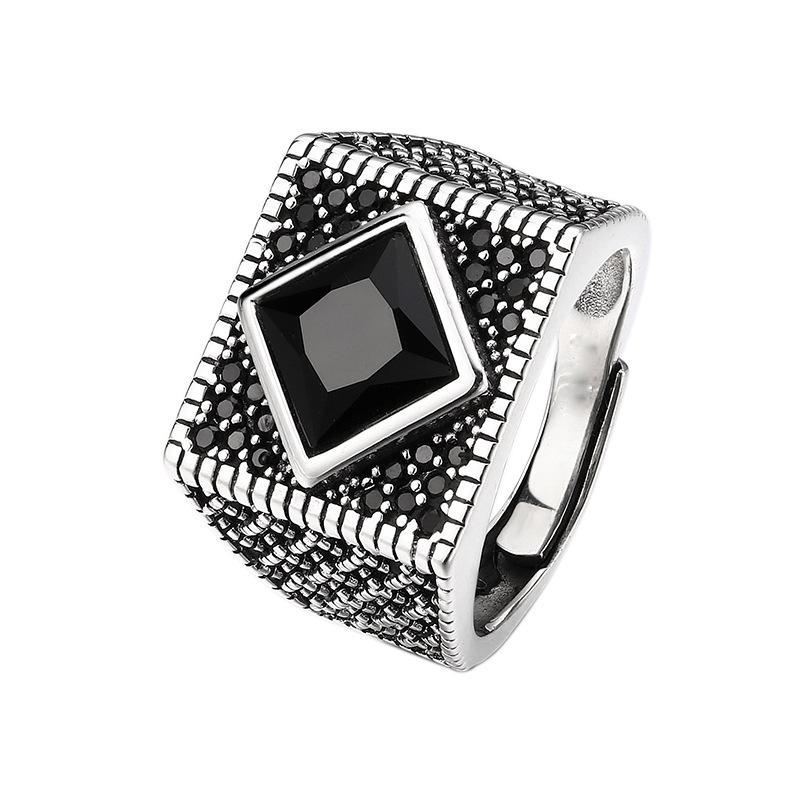 Silver Colored Ring, Retro Black Stone Opening, Retro Trend, Personalized Men's and Women's Jewelry