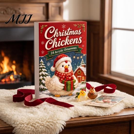 Christmas Countdown Calendar Set Chicken Advent 2026, 24 Unique 2D Acrylic Decorative Xmas Pendant Collection Ornaments, Cute Tree Decorations
