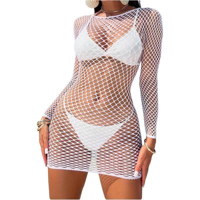 Rochie Sexy de Damă Albă Culoare Uni Decupată Plasă pentru Club cu Mânecă Lungă Cover Bikini Ins pentru Plajă
