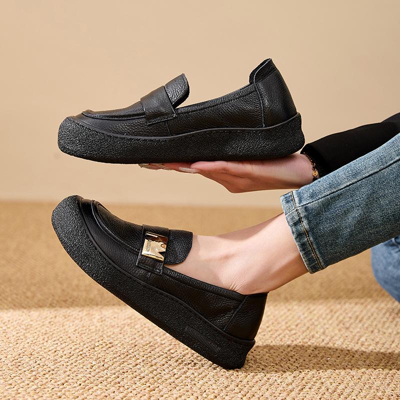 Fashion New real cowhide leather flats women's luxury long walking shoes woman vintage flat moccasin thick durable  loafer slip ons