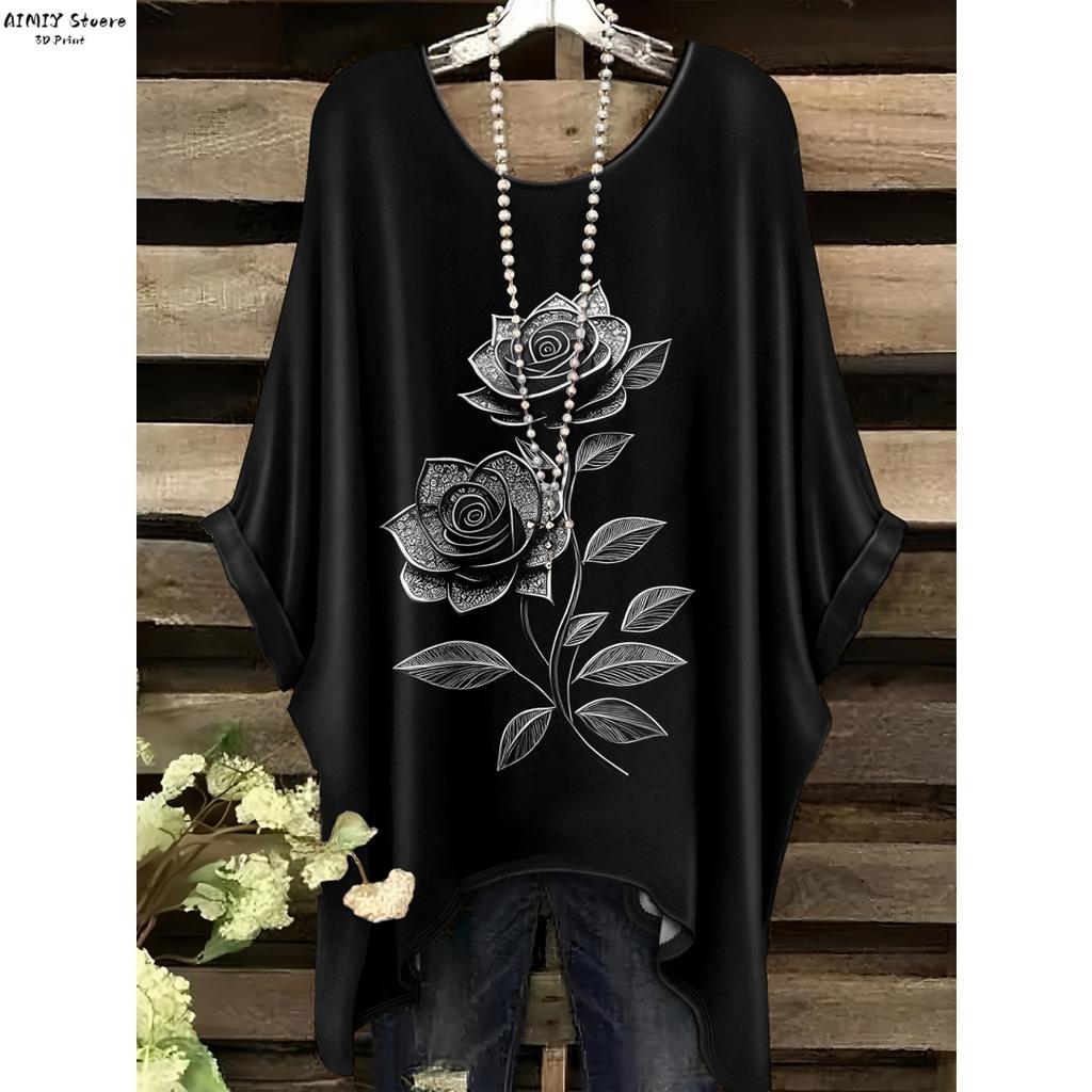 Camiseta Floral Bohemia para Mujer - Elegante Diseño Retro con Vibrante Patrón de Rosas y Hojas Casual Cuello Redondo Lavable a Máquina