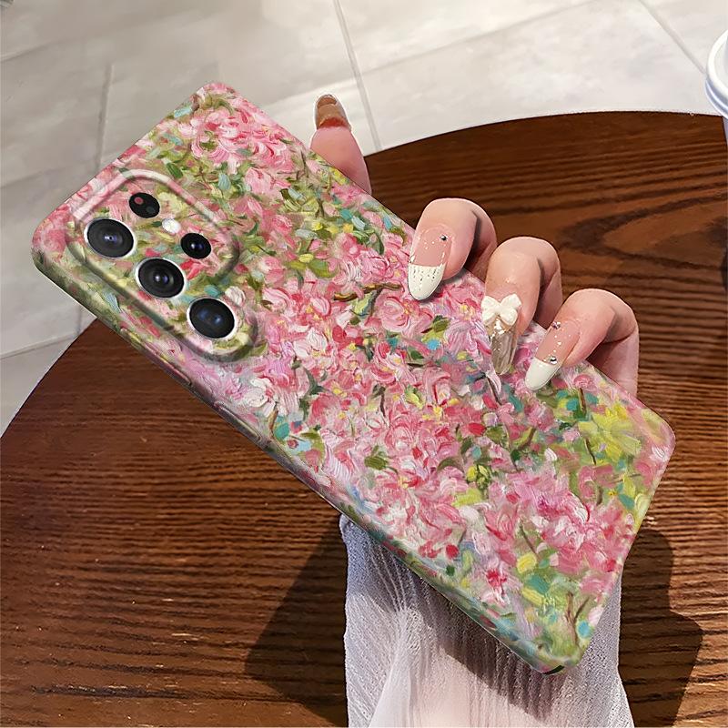Oil Painting Wind Powder Flower Tree Samsung S24/S23Ultra Mobile Phone Case Thermal Transfer Five-sided Printing Galaxy S22 +