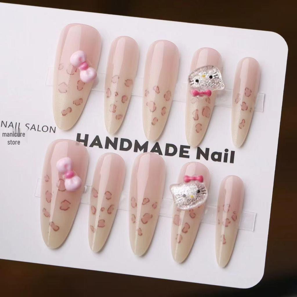 Pink Heart Bow French Cat Nails: Cute, Skin-Brightening Press-Ons for Students