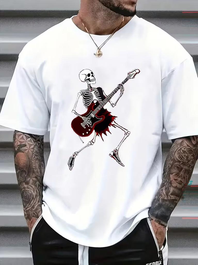 Men's Streetwear Rock Skeleton Playing Guitar Graphic Casual T-Shirt