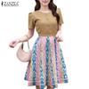 ZANZEA Women Casual Round Neck Short Sleeve Print Patchwork Dress