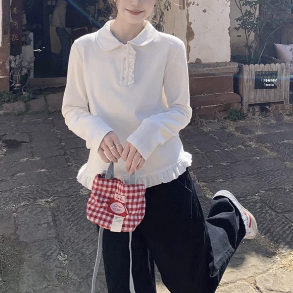 Women's Korean White Lace Collar Slim-Fit Long-Sleeve Top for Autumn/Winter