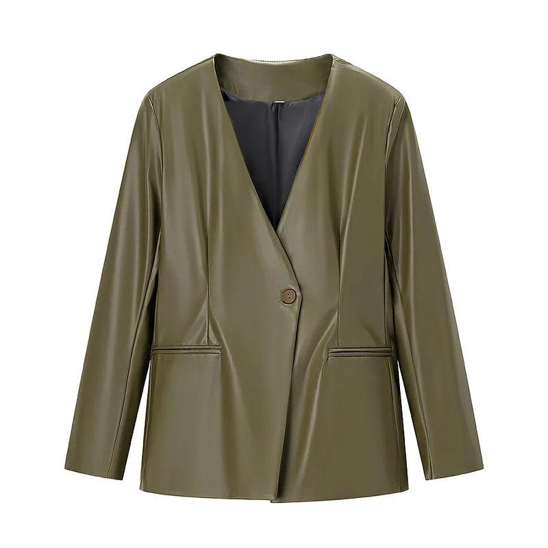 

Осень Новый продукт Женская одежда Однобортный Темперамент Облегающий талию Приталенный V-образный вырез Блейзеры Простая куртка-пальто из ПУ кожи Ground Green L