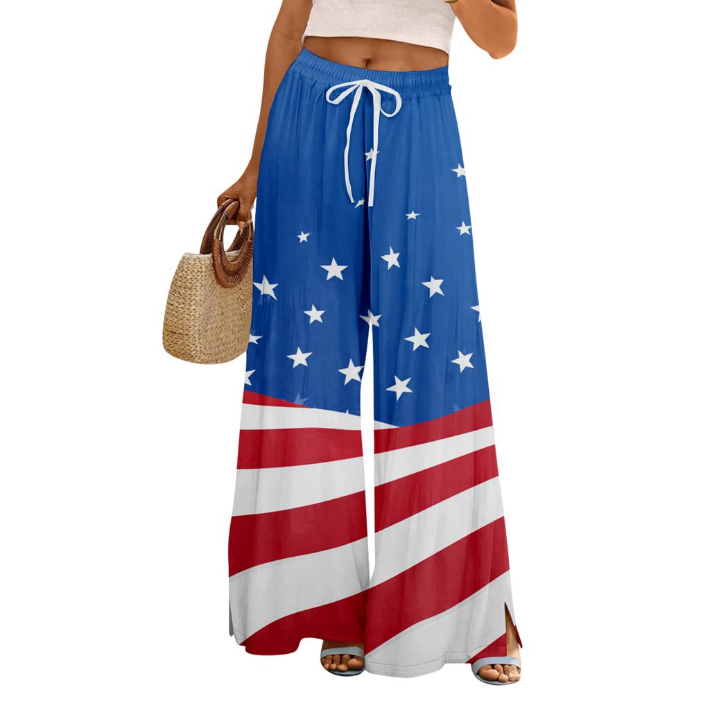 Women Summer Boho Palazzo Pants High Waist Wide Leg Floral Printing Casual Trousers With Pockets
