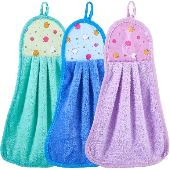 3Pcs Microfiber Hanging Hand Towels with Loop Quick Dry Small Towel Set Absorbent Coral Fleece Soft Thick Dish Cloth Reusable Cleaning Rags for