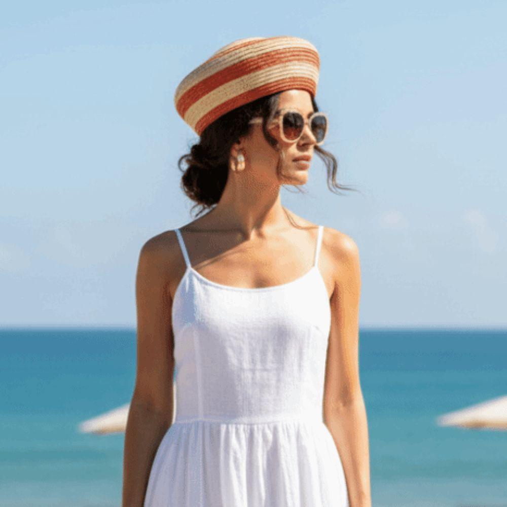 Color Block Dome Cap Striped Pattern Sun Hat Brim Hat Straw Top Hat  Fashion Women