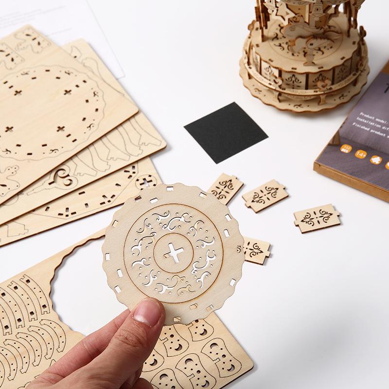 DIY Assembly 3D Wooden Vintage Carousel Music Box Romantic Rotating Ornament Decor Mechanical Kits Toys Gifts for Kids