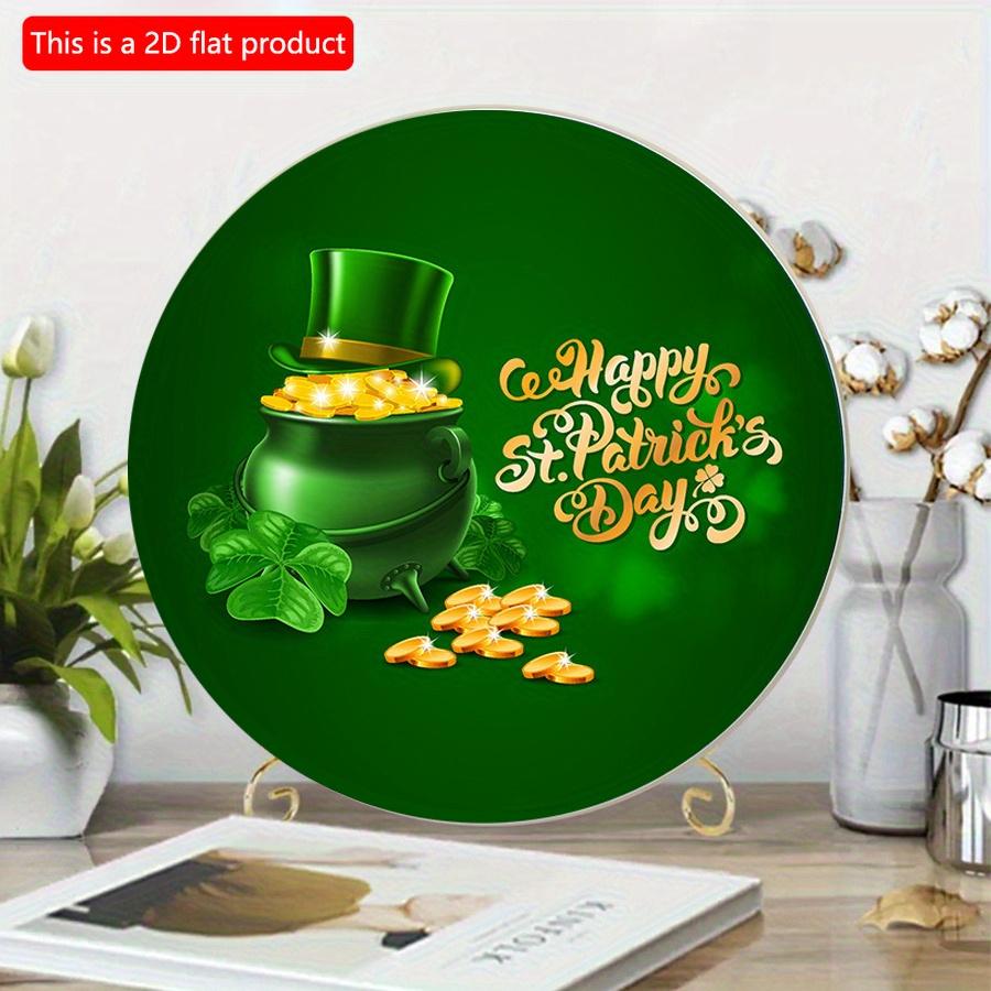 2D Flat 20*20cm1pc Happy St.Patrick's Day Three-leaf Clover&gold&hat Patterns Green Theme Round Door Pendant, St.Patrick'sDay Hanging Wooden Suitable