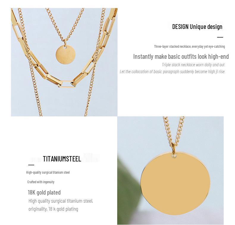 Minimalist Style Gold Titanium Three-Layer Stackable Pendant Necklace