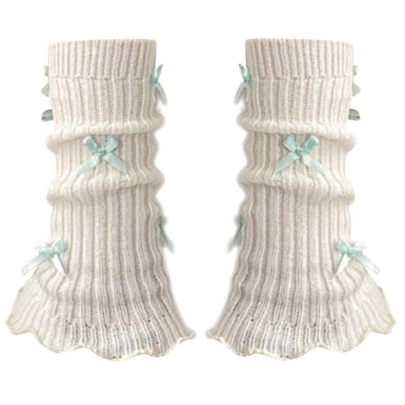 Sweet Girls Leg Warmers Women Ribbed Knit Striped Foot Cover Elegant Bowknot Ruffled Trim Boot Cuffs Footless Calf Socks