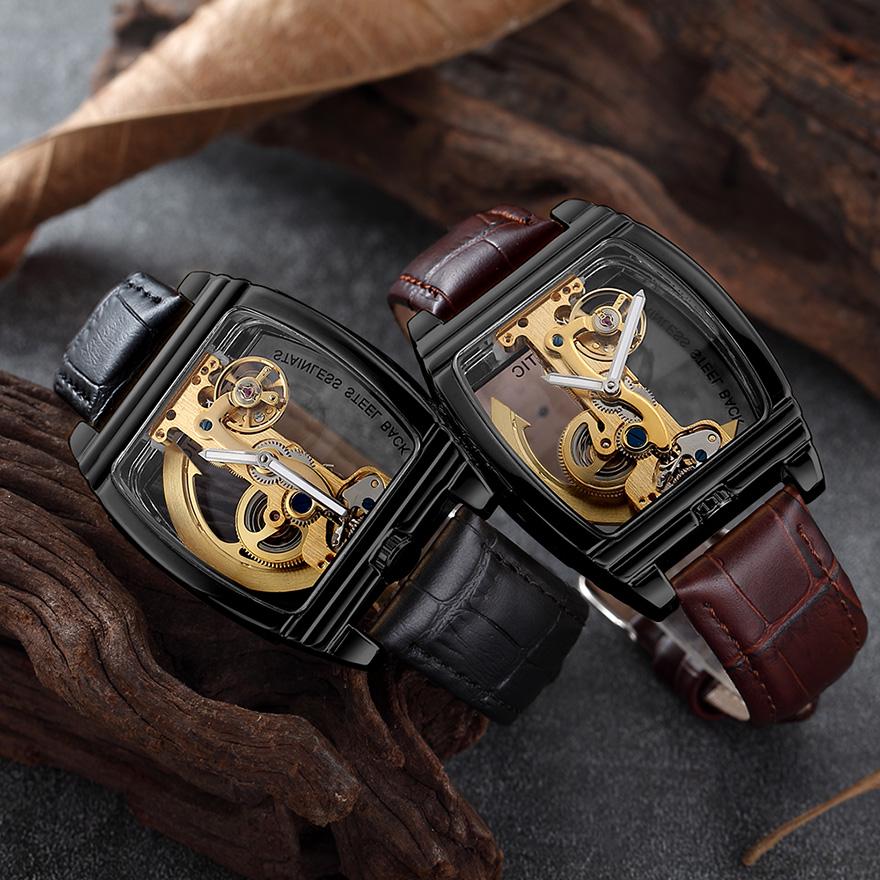 Reloj Mecánico Automático Transparente Hombre Steampunk Esqueleto Engranaje de Lujo Cuerda Automática Cuero Relojes de Hombre Montre Homme
