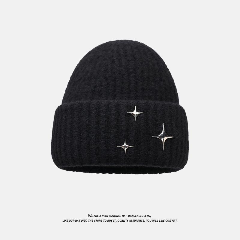 

Four-pointed star knitted hat children s autumn and winter warm ear protection wool hat showing face small bag head pile cold hat One Size