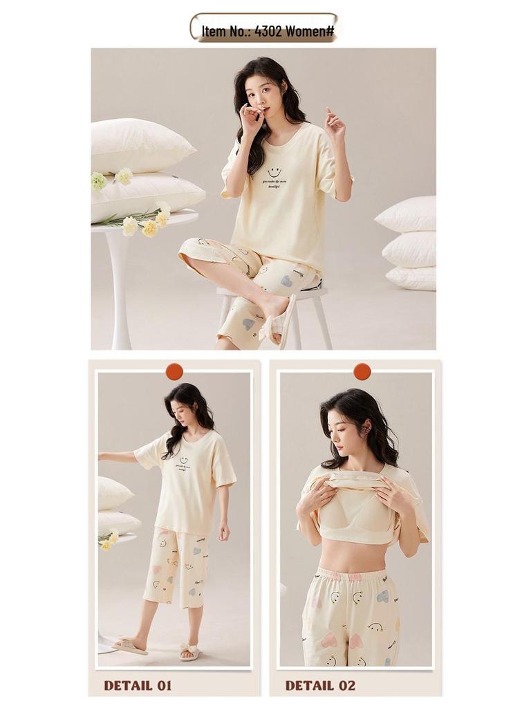 2025 Women's Summer Capri Pajama Set: Short-Sleeve, Thin Cotton with Breast Pads, Versatile for Home or Outside Wear