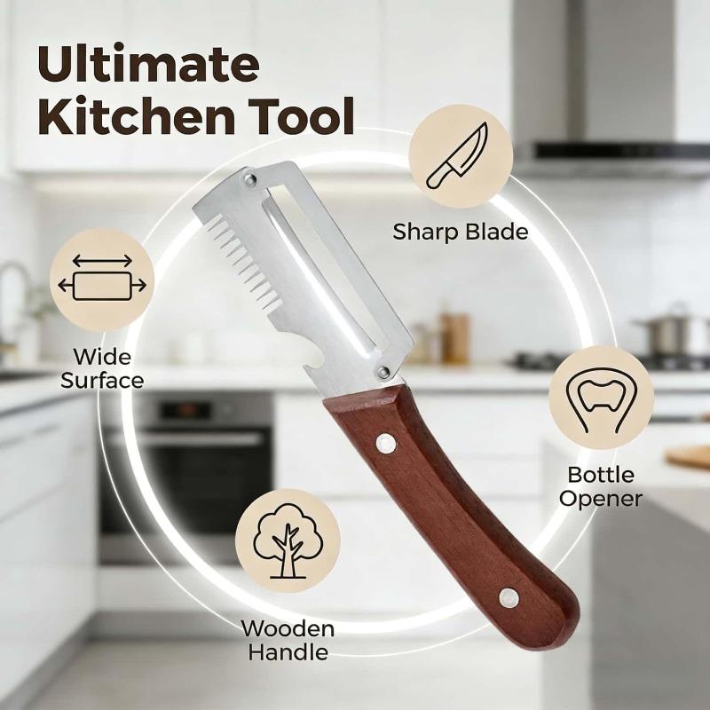 Pelapatate in Acciaio Inossidabile 3 in 1 Coltello da Pelatura Dentato Strumenti da Cucina con Manico in Legno e Apribottiglie
