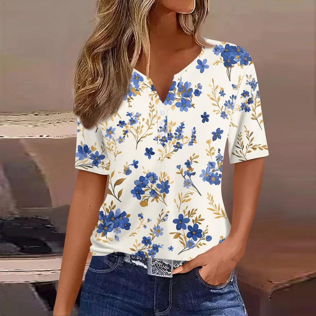 Damen T-Shirt mit Aufdruck und Knopfleiste, kurzärmelig, für den Alltag, Wochenende, modisch, Basic, V-Ausschnitt, normales Oberteil