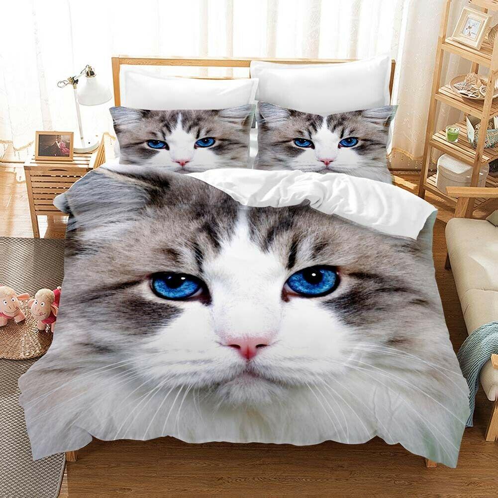 Cat Soft Duvet Cover Set Young Girls Young Boys Lovely Blue Cat 3D Print Beding Set Bold Blue Animal Double Quen King-Sized Dimensionsd Dimensions