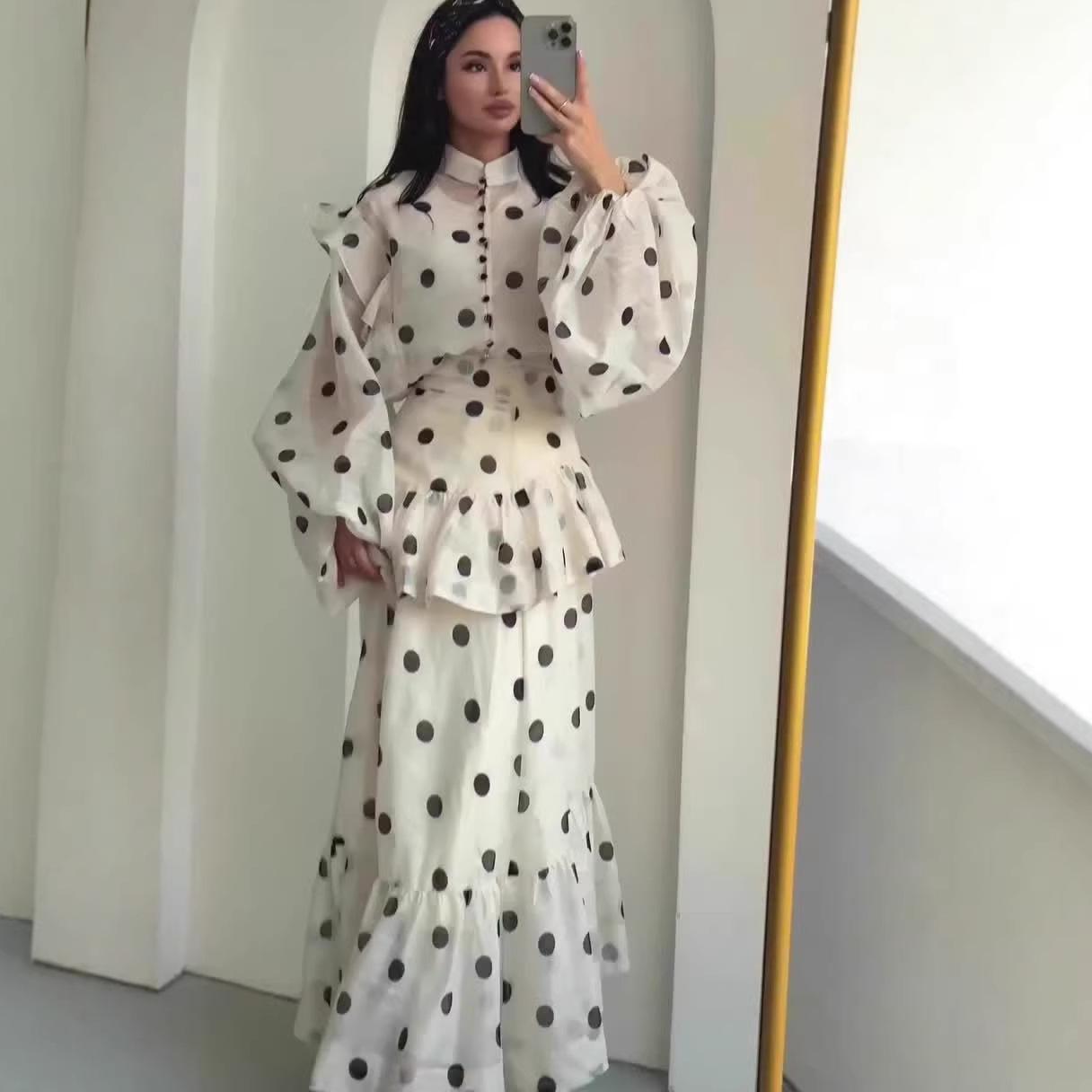 Women s Polka Dot Ruffle Trim Long Sleeve Midi Dress White Black Elegant Dress S белый