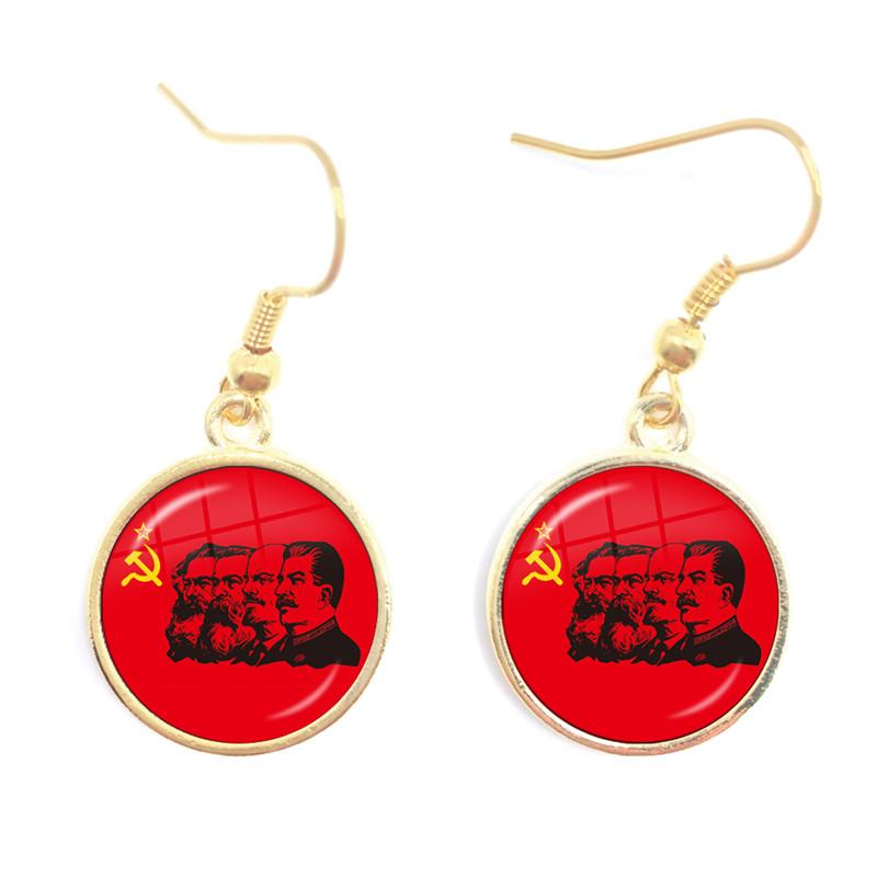 Soviet USSR Stalin Lenin Drop Earrings Classic Red Star Hammer Sickle Communism Emblem CCCP Glass Cabochon Ear Jewelry For Women
