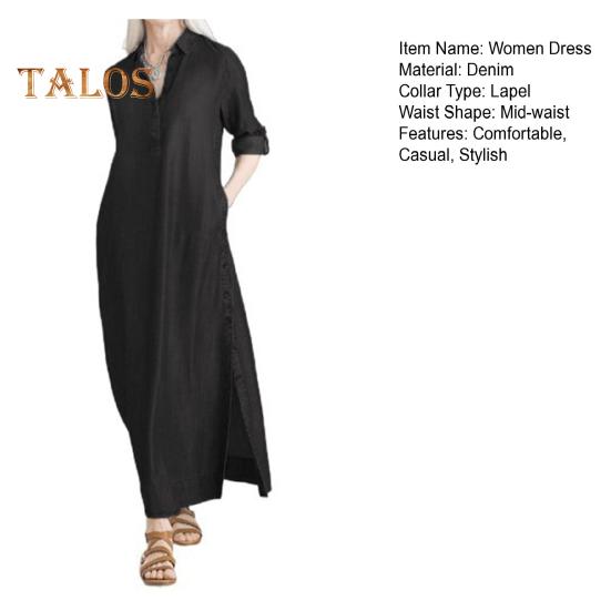 Dame Denim Maxi Kjole Casual Opprullede Ermer Splittkjole med Lommer Pluss Størrelse Knappelukking Revers V-hals Lang Kjole