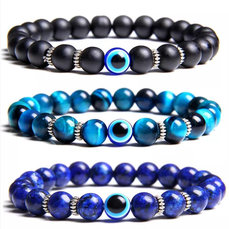 Evil Eye Bracelet Natural Stone Blue Devil Eye Charm Bracelet Beads Agate Stone Bracelet