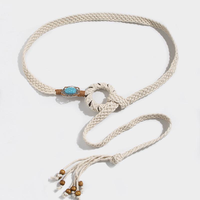 Bohemian Round Wood Waxed Rope Woven and Knotted, Ethnic Style Handcrafted Turquoise Women's Hemp Rope, Leisure and Vacation Style Waist Rope