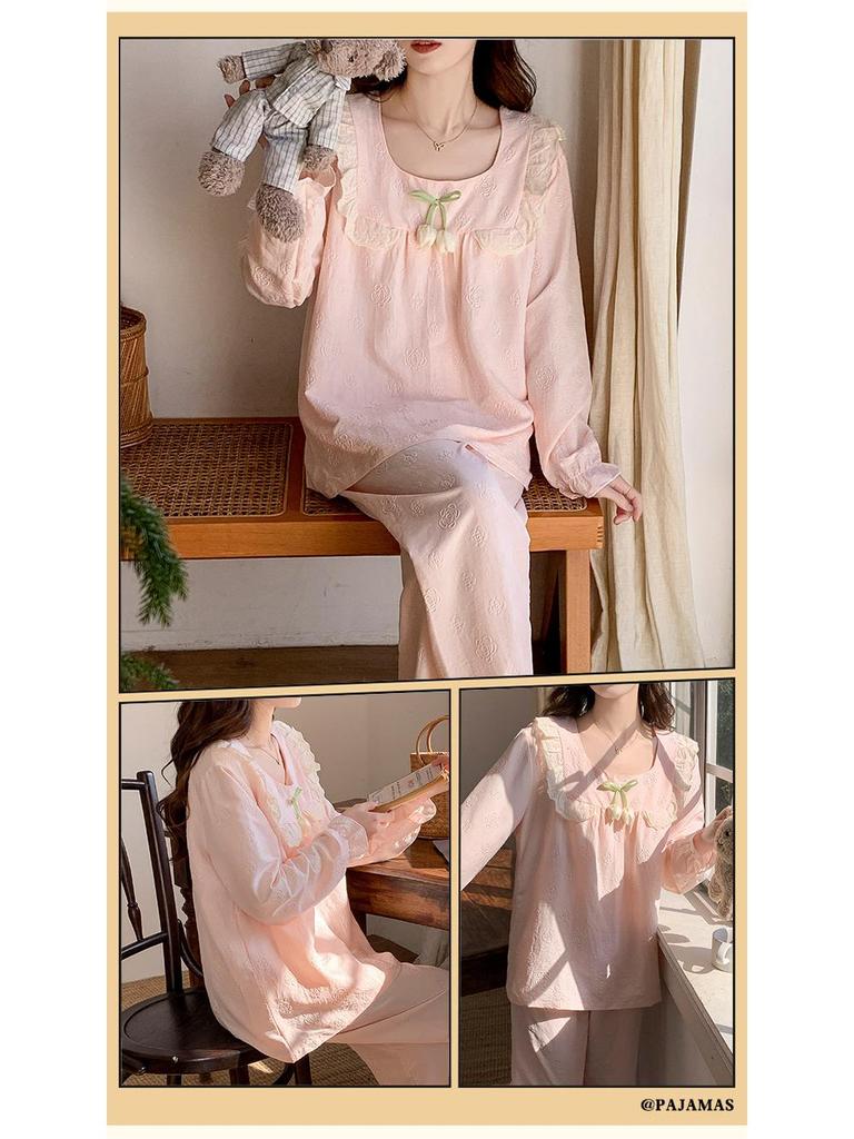 Women's Long Sleeve Pajama Set with Chest Pads, Princess Style, Sweet Home Wear, Spring/Autumn, 2-Piece, Suitable for Outdoors.