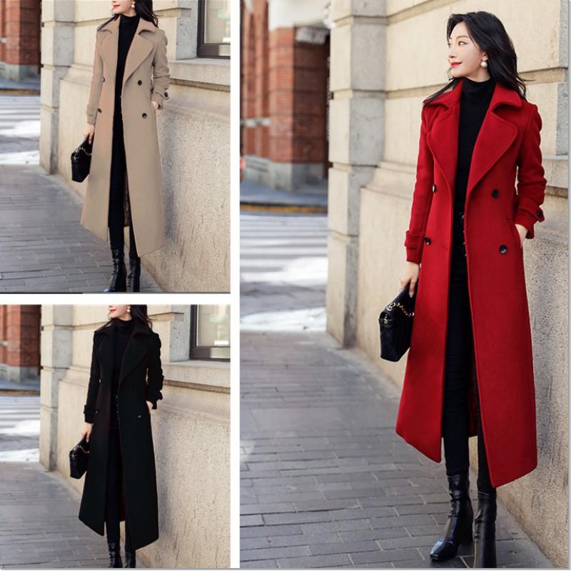 Womens Long Wool Blend Coat Thick Winter Overcoat Slim Fit Double Breasted Trench Style