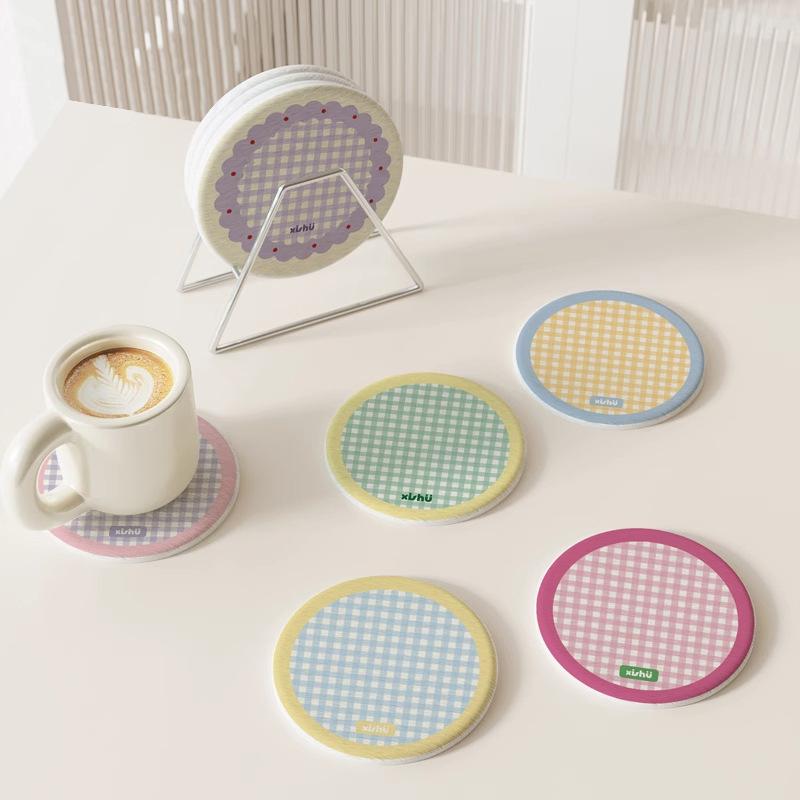 Round Plaid Hard Diatom Mud Coffee Tea Coaster Thermal Insulation Pad Office Non-slip Absorbent Pad