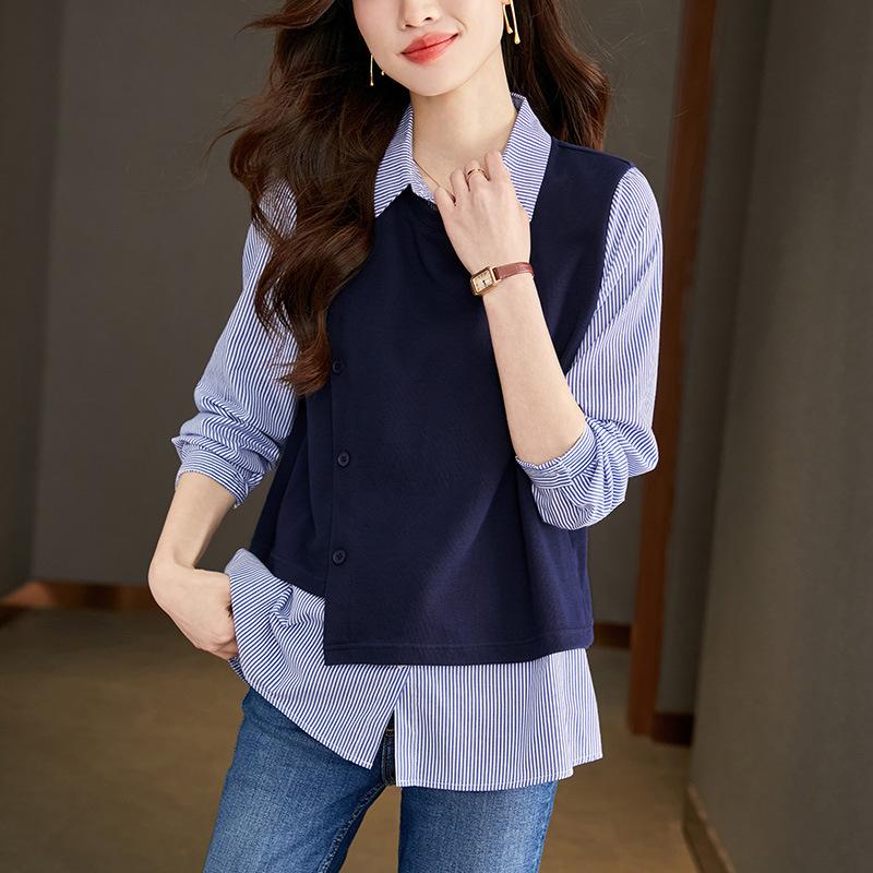 Splicing Fake Two-piece Striped Blouse Womens Long-sleeved Latest Relaxed Fit and Thin Top