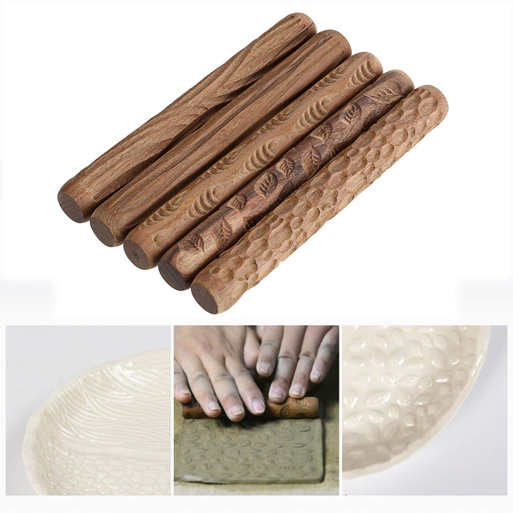 Sumnacon Pottery Clay Stamping Wooden Hand Different Set of 5 Tool, Roller, Patterns,