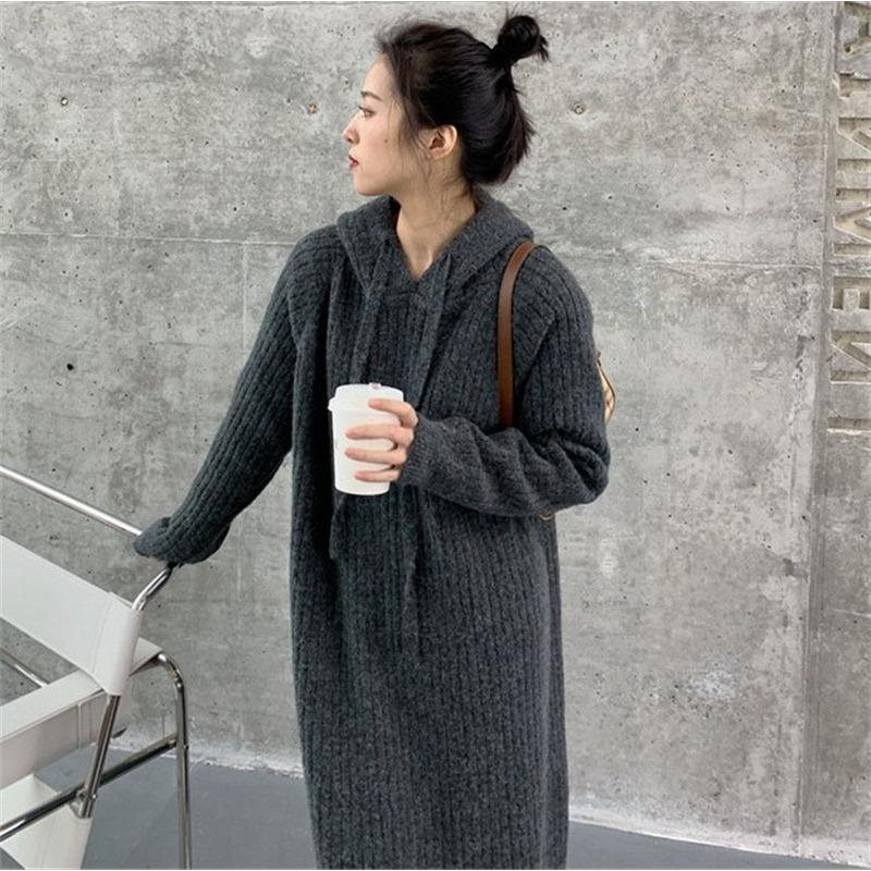 Long over-knee sweater skirt top women's autumn and winter new loose long-sleeved hooded knitted dress women's fashion trend