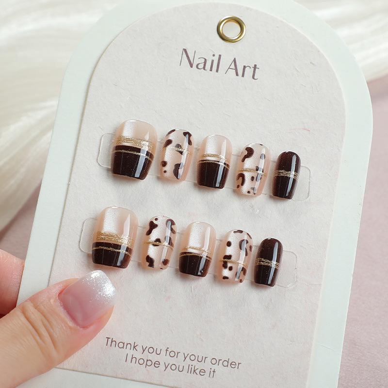 Wear nail gold foil brown French manicure sticker wear fake nail piece press on nails