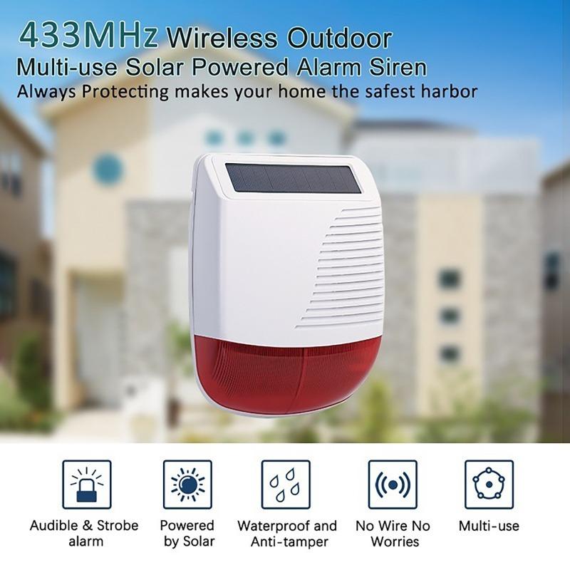433MHz High Decibel Outdoor Solar-Powered Audible & Visual Alarm Waterproof Strobe For Smart Home Security Burglar Alarm System