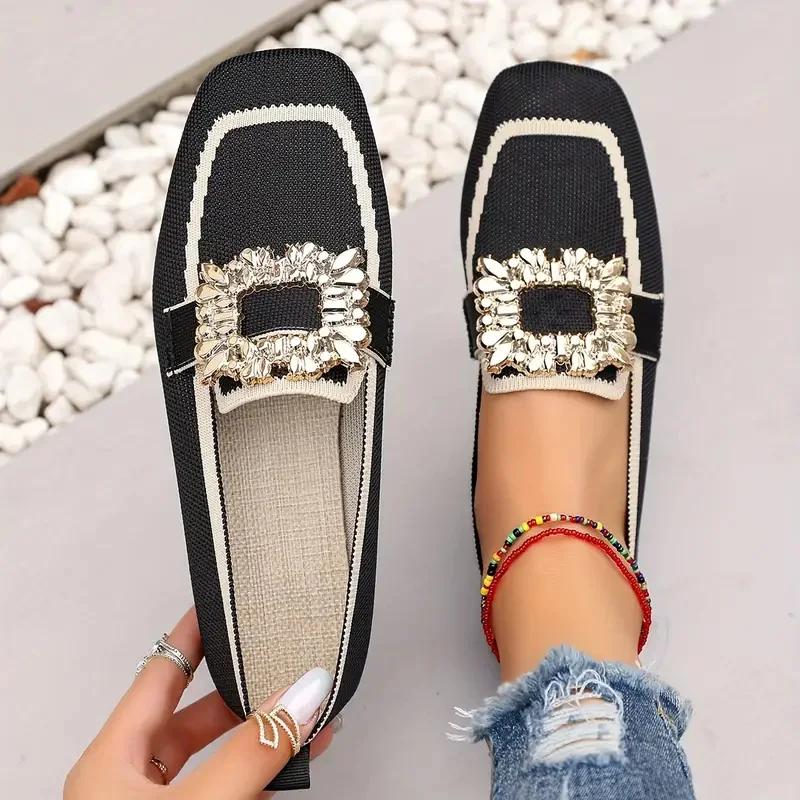 Women Flats Spring 2026 New Large Size Flat Loafers Shoes Women Knitting Slip-on Square Head Breathable Fashion Shoes for Women