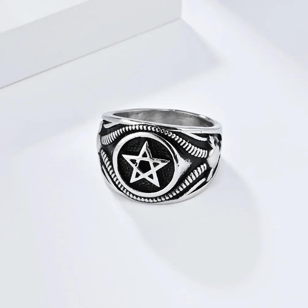 New Vintage Satanic Goat Pentagram Stainless Steel Ring for Men Party Jewelry